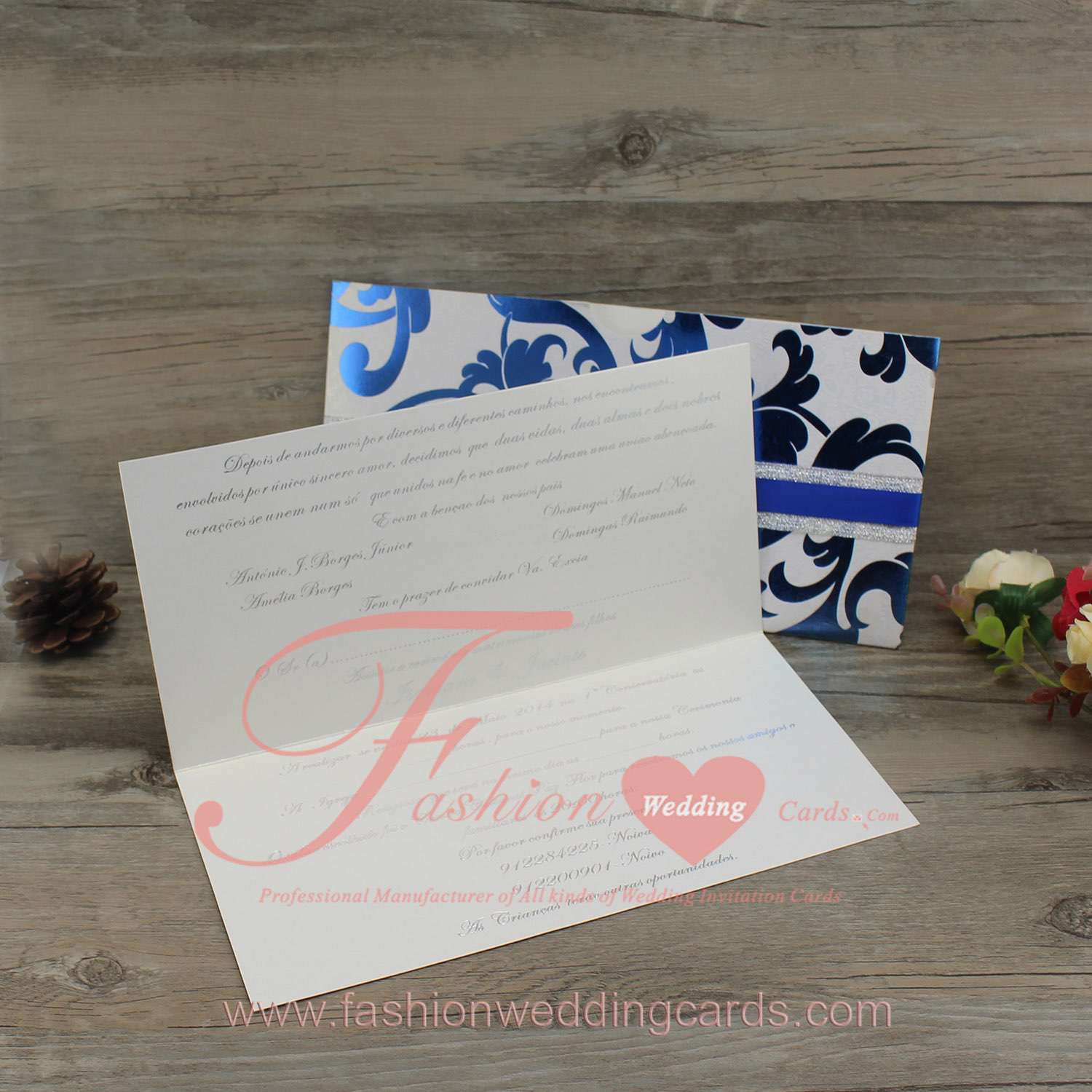 Custom Elegant Navy Blue Wedding Invitations with Ribbon